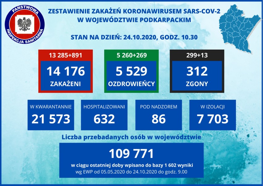 Nie żyje 13 osób, blisko 900 zakażeń koronawirusem na Podkarpaciu. W Polsce 13 628 przypadków, zmarło 179 osób [24 PAŹDZIERNIKA]