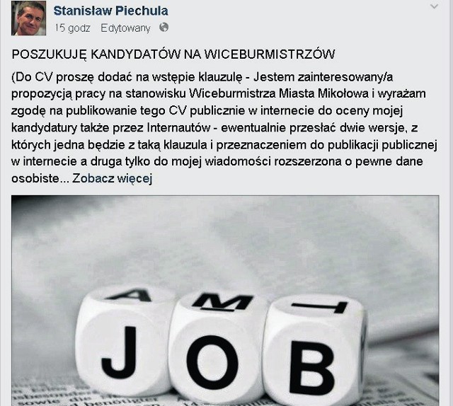 Ogłoszenie o pracy na stanowisku wiceburmistrza Mikołowa pojawiło się wczoraj na profilu Stanisława Piechuli