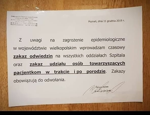 Zdjęcie komunikatu ze szpitala na ul. Polnej.