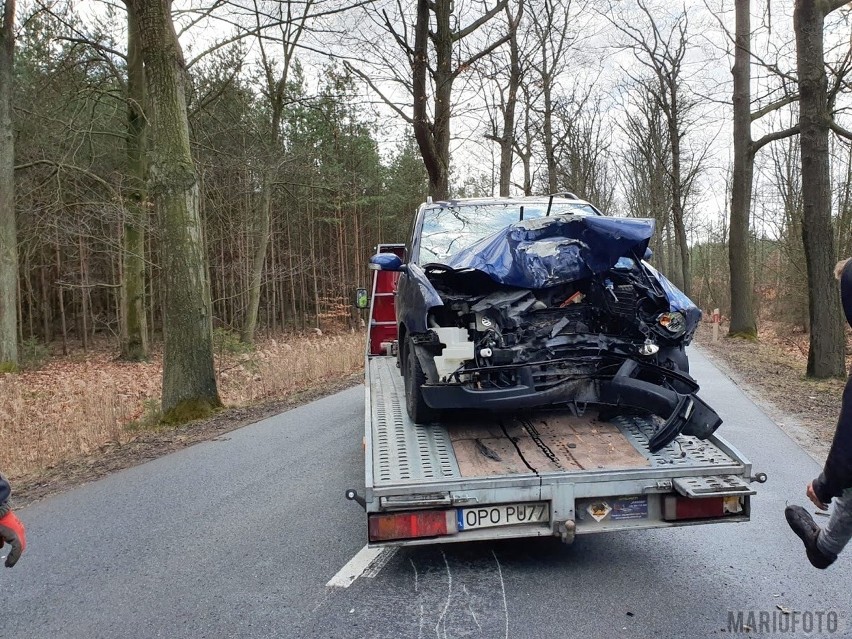 Wypadek w Murowie. Volkswagen touran uderzył w drzewo. Pogotowie zabrało do szpitala dwie osoby, kobietę i jej synka 