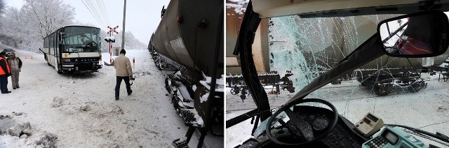 Pekaes wpadł w poślizg na oblodzonej drodze i wjechał w jadący pociąg towarowy