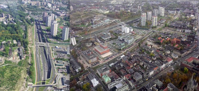 Po lewej - 2007, po prawej - 2013. Aleja Roździeńskiego, Gwiazdy, teren po kopalni Katowice, biblioteka akademicka