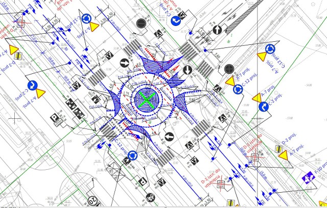 To projekt techniczny nowej organizacji ruchu na skrzyżowaniu ul. Jana Pawła II i Śniadeckich. Niebieskie linie pokazują, jak będą umiejscowione nowe pasy ruchu.