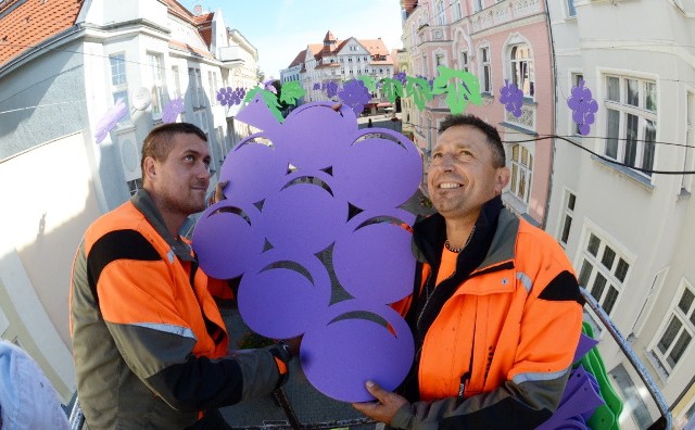 Michał Potyraj i Marek Urbaniak zawieszają ozdoby winobraniowe na deptaku.Do Zielonej Góry zaczęły zjeżdżać ciężarówki z nietypowym ładunkiem. Wiozą elementy wesołego miasteczka, które powstanie w centrum miasta. Pierwsze kolorowe pojazdy zauważyliśmy w poniedziałek wieczorem na placu przy dawnym Centrum Biznesu. We wtorek (30 sierpnia) rano specjalne ekipy rozpoczęły rozładunek i montaż. Wszytko musi być gotowe na Winobranie, które rozpoczyna się w sobotę. Ciężarówek łącznie jest 26. Przyjechały w nocy z imprezy z Przytocznej.Zobacz też: WINOBRANIE 2016. SZCZEGÓŁOWY PROGRAM WINOBRANIA[/b]