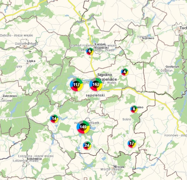 Krajowa Mapa Zagrożeń Bezpieczeństwa 2021 w powiecie sępoleńskim z podziałem zgłoszeń na terenach miejskich i wiejskich
