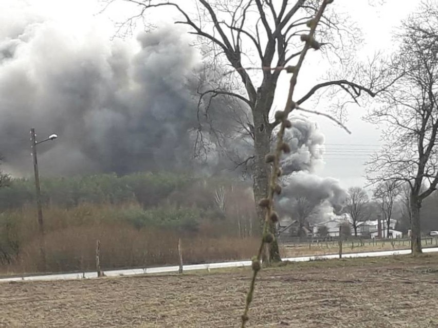 Pożar budynku inwentarskiego w Darnowie, gm. Kępice 28.02.2020. Strażacy wciąż walczą z ogniem