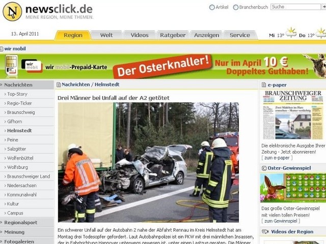 Strona internetowa portalu newsclick.de, na której ukazała się informacja o tragedii