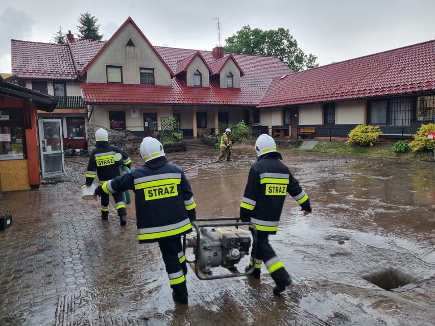 Strażacy pompują wodę na posesji w Radziemicach
