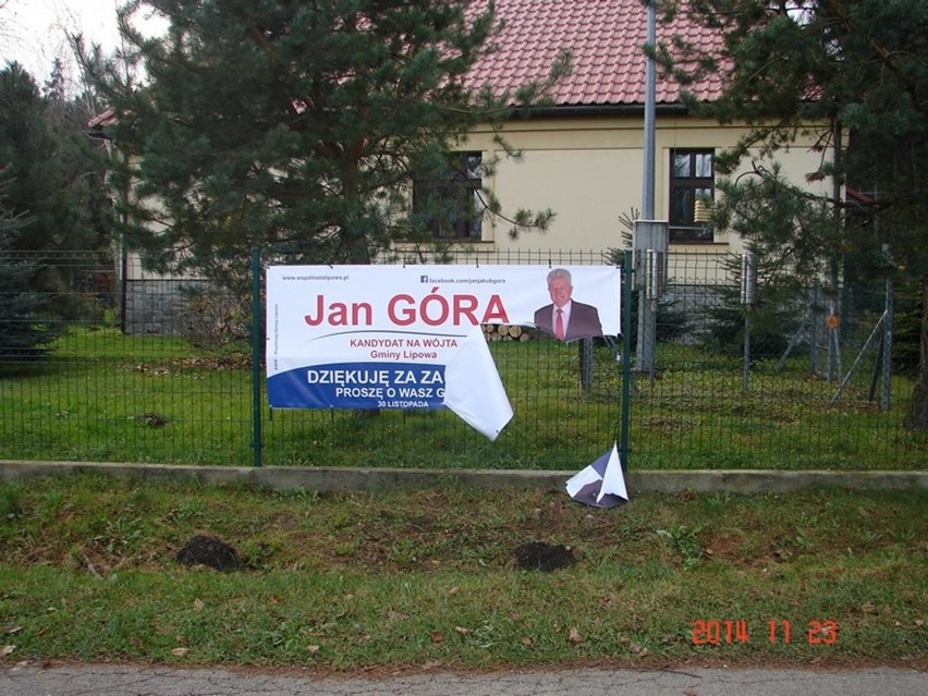 Wybory w gminie Lipowa: Bilbordowa walka z użyciem piły [ZDJĘCIA]