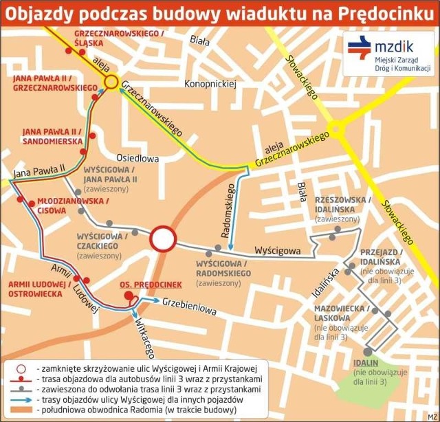 Mapa objazdów ulic Wyścigowej i Armii Krajowej.