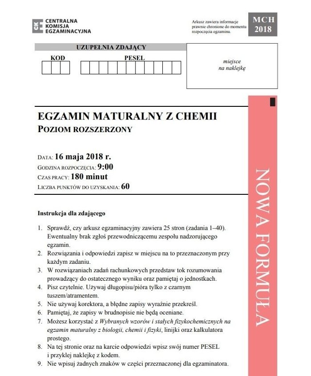 MATURA: CHEMIA 2018. ARKUSZE CKE ONLINE. Odpowiedzi i arkusze maturalne z chemii - [poziom rozszerzony 16.05.2018]