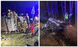 Wypadek na DK8 w miejscowości Rybniki. Dwie osoby ranne. Osobówka zderzyła się czołowo z busem (zdjęcia)