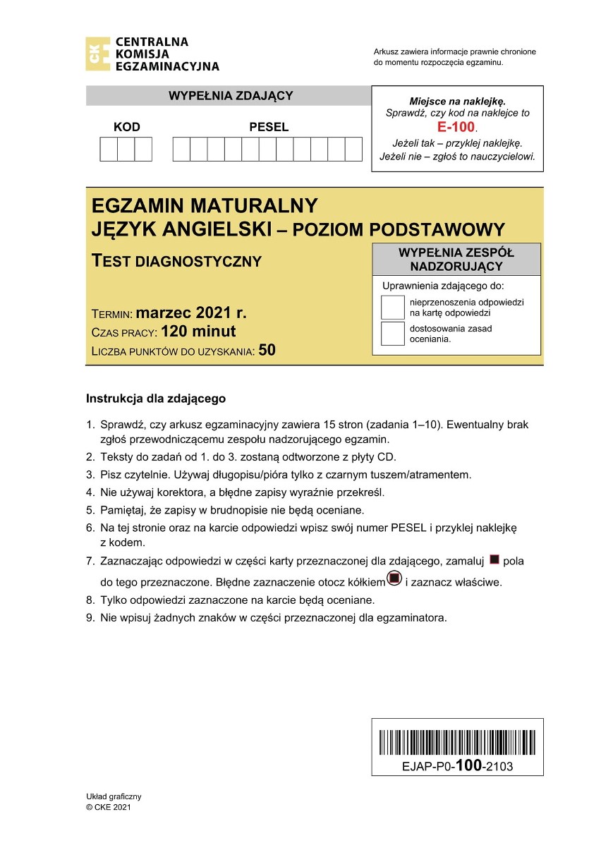 Matura próbna CKE 2021 z j. angielskiego p. podstawowy