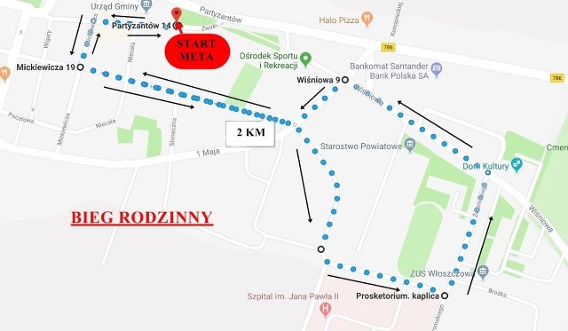 Trasa biegu rodzinnego na dystansie 2 kilometrów.