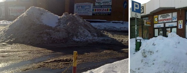Zaspa-wysepka przy areszcie w Koszalinie (z lewej) i miejsce parkingowe dla niepełnosprawnych przy ul. Powstańców Wielkopolskich.
