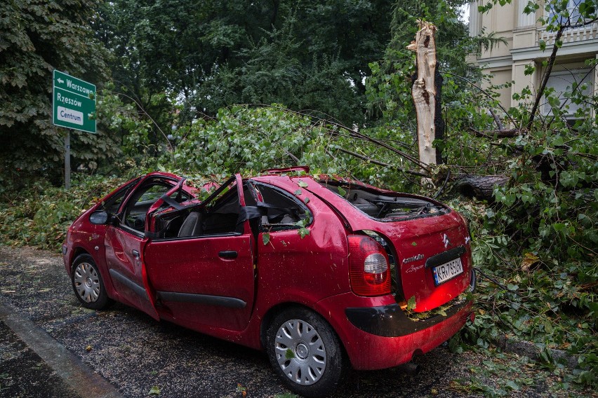 Kraków. Drzewo spadło na dwa samochody. Trzy osoby ranne