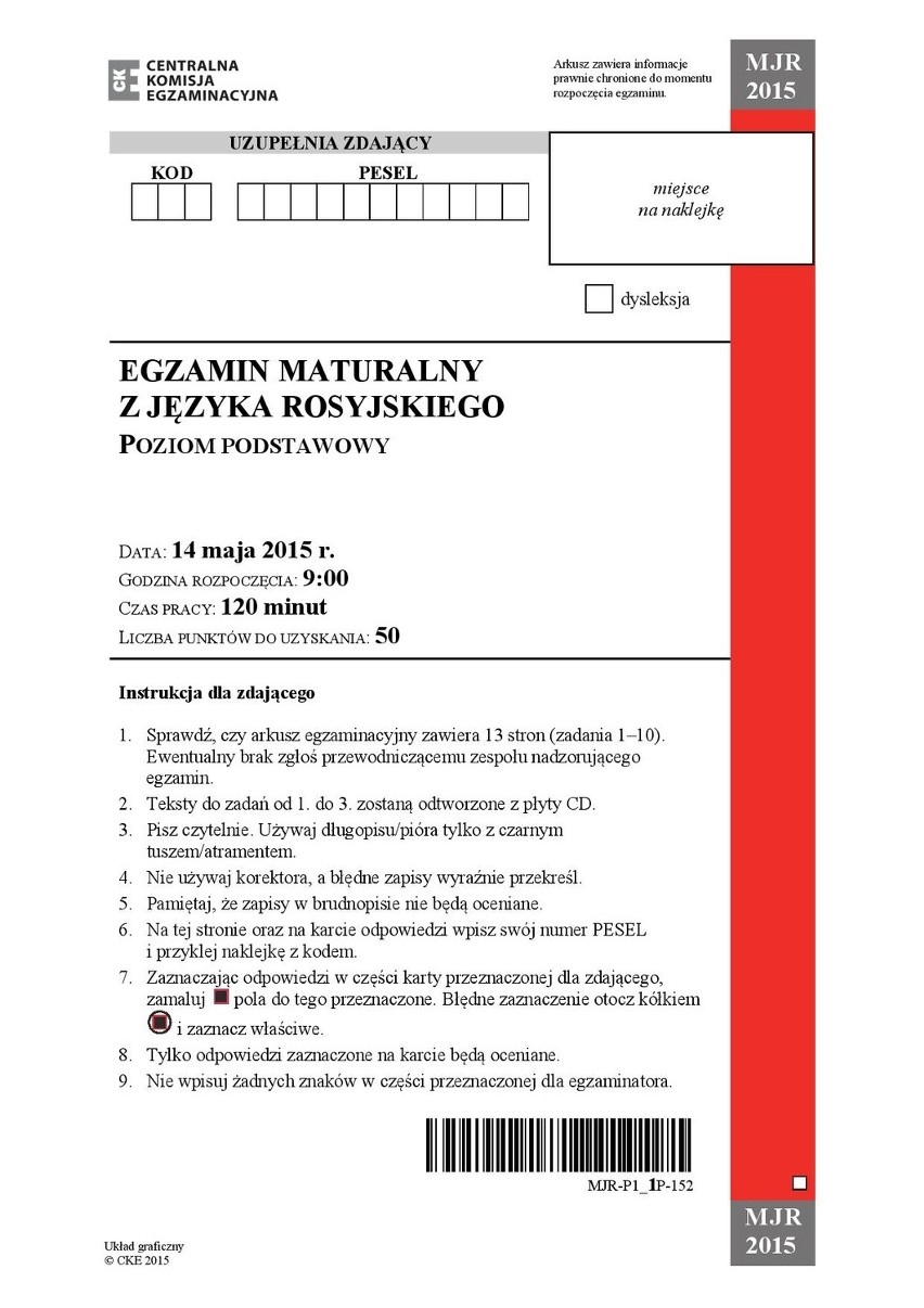 Matura 2015. Język ROSYJSKI poziom podstawowy dla TECHNIKUM...