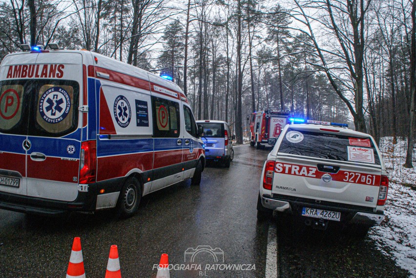 Przeginia Duchowna. Wypadek dwóch samochodów osobowych. Zderzenie czołowe. Są osoby ranne