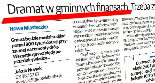 Nowe Miasteczko musi oddać ponad 300 tys. zł dotacji! O sprawie ,,Gazeta Lubuska" napisała jako pierwsza na początku maja.