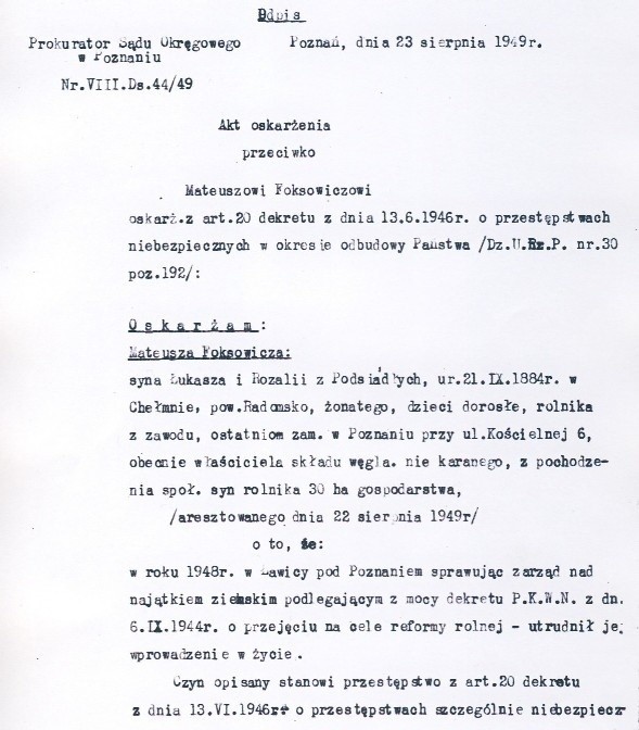 Odpis pierwszej strony aktu oskarżenia Foksowicza z 1949...
