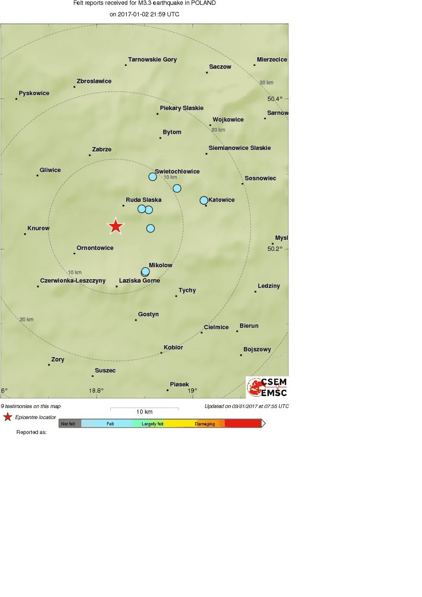 Zapis wstrząsu z 2.1.2017 wraz z zaznaczeniem epicentrum i...