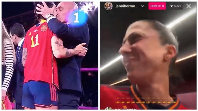 Prezes Hiszpańskiej Królewskiej Federacji Piłkarskiej Luis Rubiales całuje w usta zawodniczkę Jennifer Hermoso