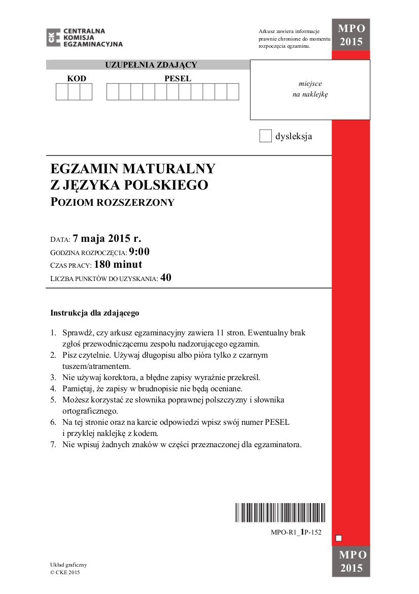 MATURA 2015. Język POLSKI poziom rozszerzony [TEMATY,...