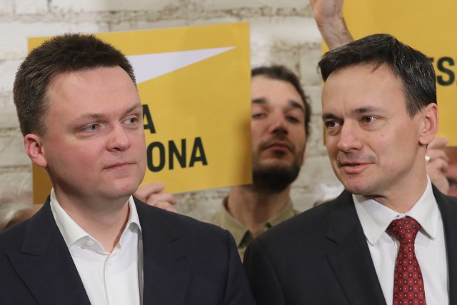 14 lutego 2020 r. Kandydat w wyborach prezydenckich 2020 Szymon Hołownia i szef jego sztabu wyborczego Jacek Cichocki podczas konferencji prasowej