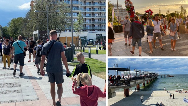 Międzyzdroje 8.08.2021Na plaży, ale tez na promenadach i deptakach były tłumy. Pogoda sprzyjała wylegiwaniu się na plaży, ale nie było upalnie, wiec sporo turystów po prostu spacerowało się po ulicach miasteczka.