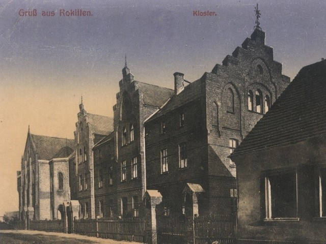 Dawny klasztor sióstr boromeuszek na kolorowej litografii z początku XX w.
