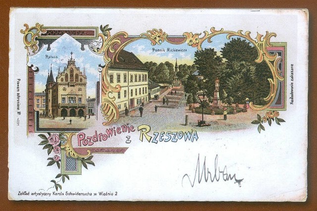 Pierwsza karta pocztowa z wizerunkiem Rzeszowa  wydana w 1896 roku przez zakład artystyczny Karola Szwidernocha we Wiedniu