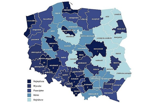 Przestrzenne zróżnicowanie atrakcyjności inwestycyjnej dla działalności zaawansowanej technologicznie w 2010 r.