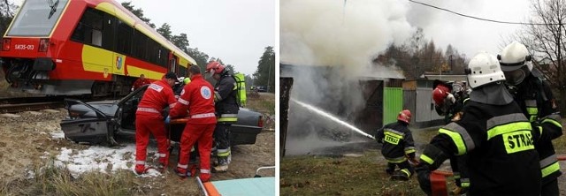 (1) Ratownicy udzielają pomocy poszkodowanym w wypadku kolejowym. (2) Tych działań nie było w scenariuszy ćwiczeń. Ogień doszczętnie strawił garaż przy ulicy Leśnej.