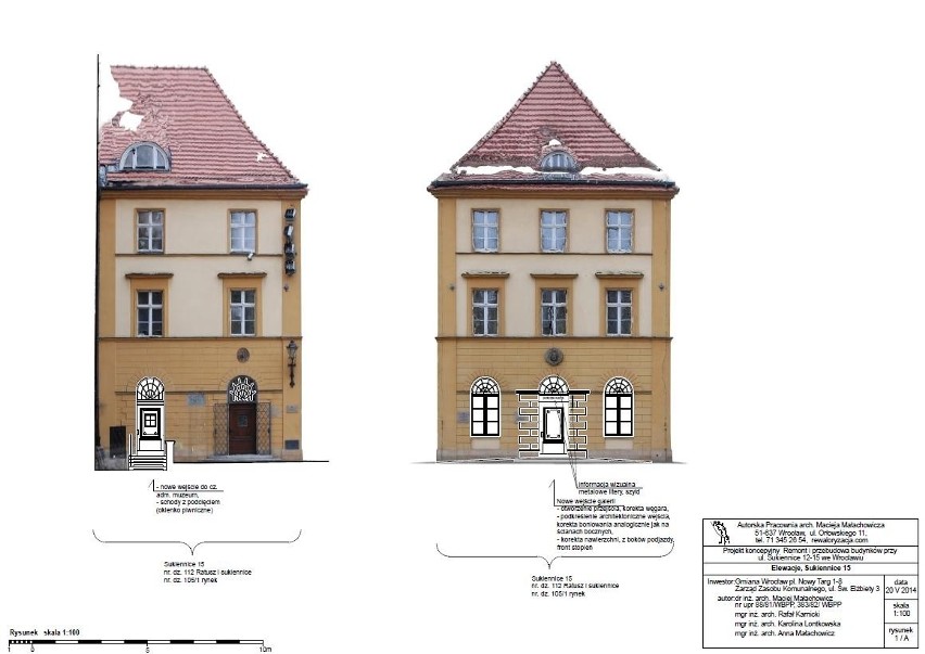 Projekt frontowej elewacji Sukiennic. Drzwi znajdą się tam,...