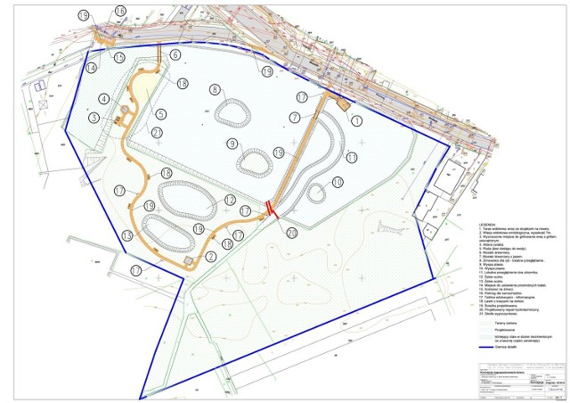 1. Taras widokowy wraz ze stojakami na rowery2. Wieża widokowa ornitologiczna3. Wyznaczone miejsca do grillowania wraz z grillem zewnętrznym4. Altana (wiata)5. Plaża (bez dostępu do wody)6. Mostek drewniany7. Mostek drewniany z jazzem8. Zimowisko dla ryb - lokalne przegłębienie9. Wyspa ptasia10. Wyspa ptasia11. Lokalne przegłębienie dna zbiornika12. Żabie oczko13. Żabie oczko14. Miejsce do ustawienia przenośnych toalet15. Kontener na śmieci16. Parking dla samochodów17. Tablice informacyjno-edukacyjne18. Ławki z koszami na śmieci19. Ścieżka projektowana20. Projektowany węzeł hydrotechniczny21. Strefa wypoczynkowa