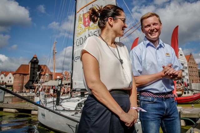 04.09.2019 Gdańsk. Przystań jachtowa Marina Gdańsk. Spotkanie żeglarza Michała Weselaka z prezydent Gdańska Aleksandrą Dulkiewicz przed startem w regatach Mini Transat 2019 - Wyścig Samotników przez Ocean Atlantycki.