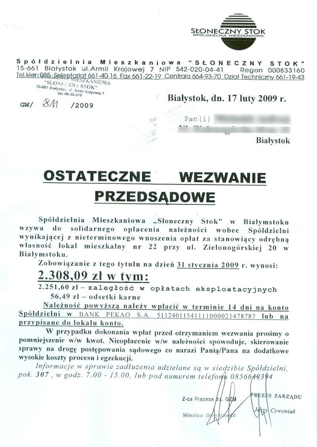 Takie wezwanie spółdzielnia wysyła swoim dłużnikom