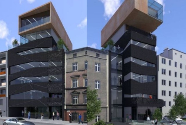 Wizualizacja biurowca Remko przy Mikołowskiej w Katowicach. Z lewej - front budynku, z prawej - tył.