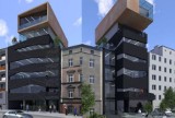 Katowice: Futurystyczny biurowiec plomba firmy Remko powstaje przy Mikołowskiej. Będzie mieć na dachu nadbudowę z tarasem WIZUALIZACJE