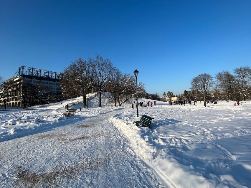 Kraków. Park Jordana w zimowej szacie przyciągnął tłumy entuzjastów śnieżnych zabaw
