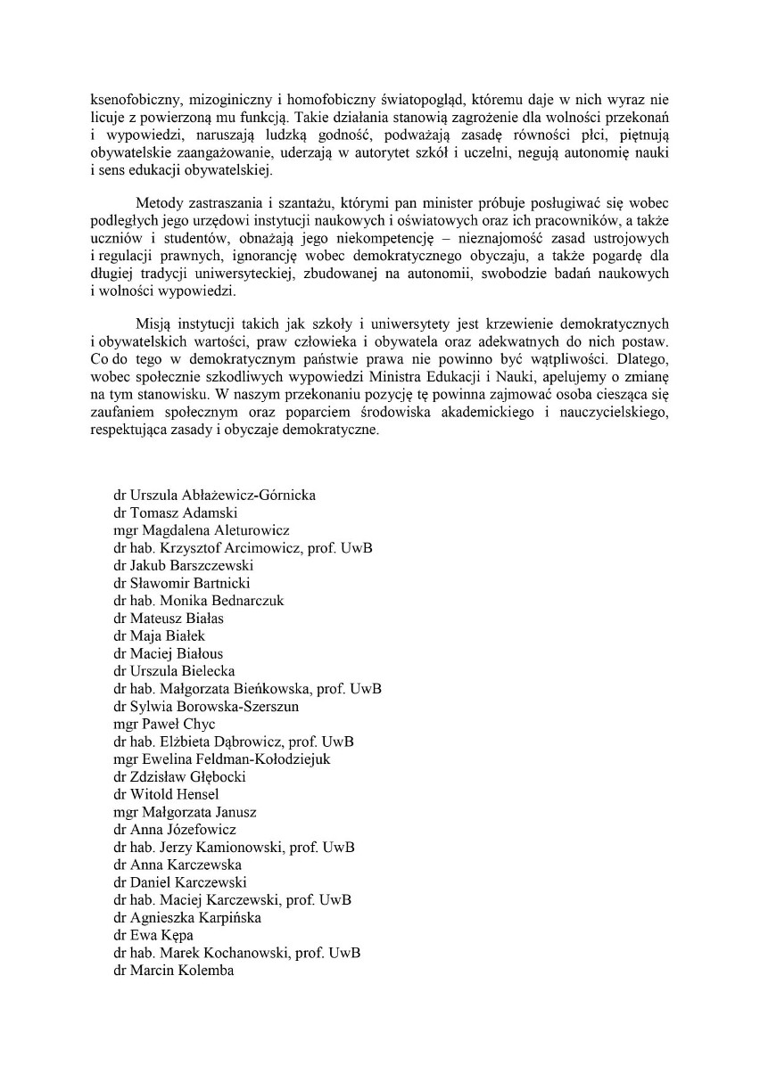 Uniwersytet w Białymstoku. Pracownicy uczelni piszą do rządzących. Apelują o odwołanie Czarnka  