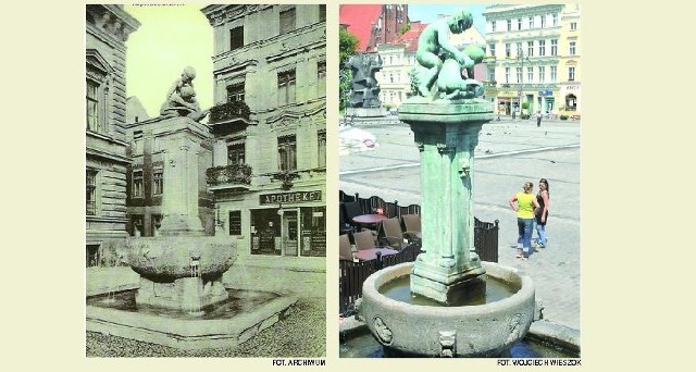 Archiwalne: Sto lat temu na Starym Rynku, w pobliżu apteki, stanęła rzeźba autorstwa Karola Kowalczewskiego. Ufundował ją właściciel przybytku Galena - Alfred Kupffender. Obecnie: Niemcy zdemontowali fontannę w 1940 r. Powróciła na rynek po wojnie. Nie stoi jednak przed apteką, tylko przed gmachem biblioteki.