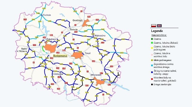 Mapa stanów nawierzchni w województwie kujawsko-pomorskim (stan na godzinę 12.03).