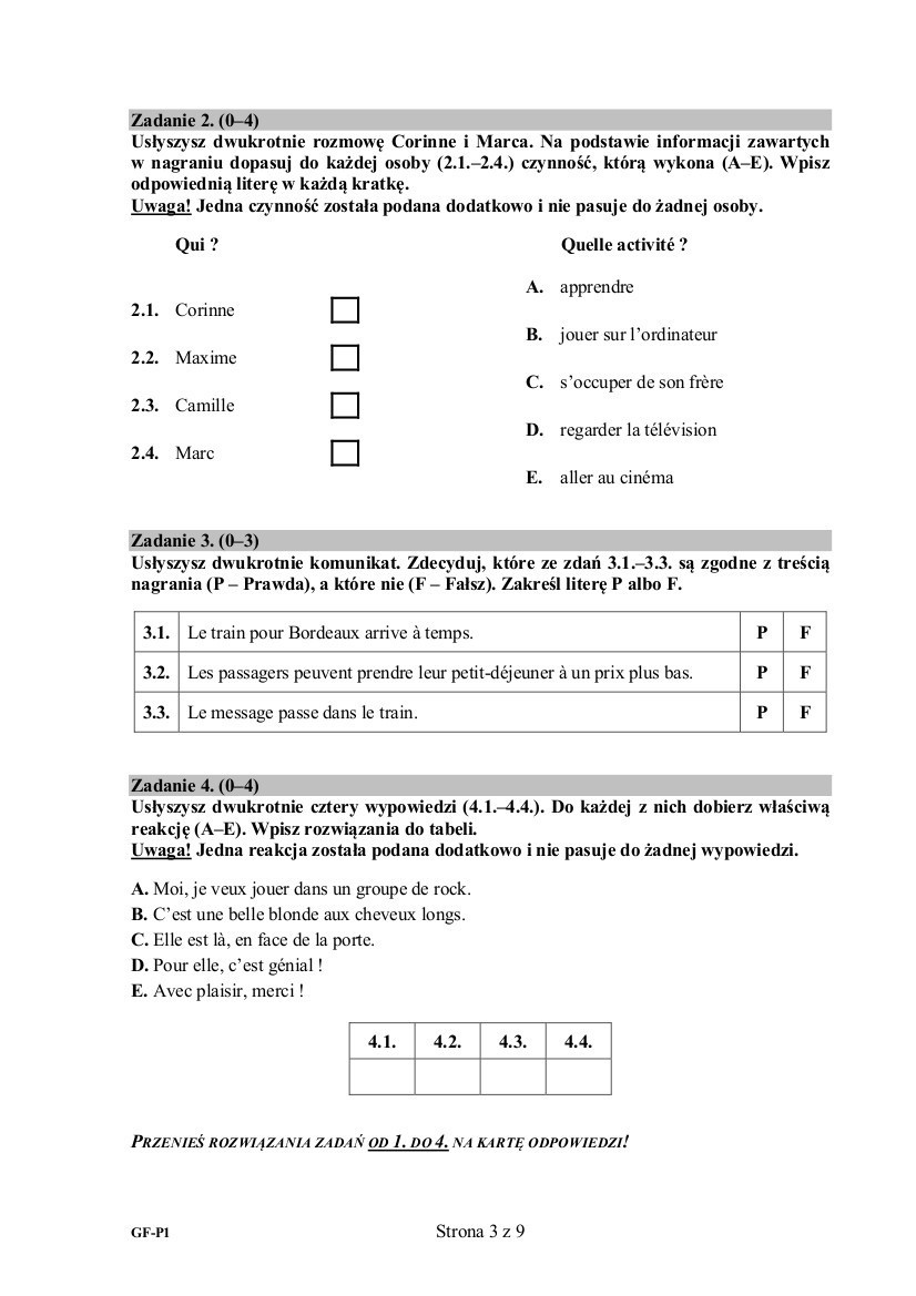 EGZAMIN GIMNAZJALNY 2015. Język francuski, poziom podstawowy [PYTANIA, ODPOWIEDZI]