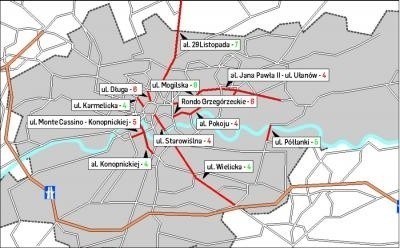 Miejsca z największą liczbą wypadków i kolizji rowerzystów (kolor czerwony 2012 r, kolor zielony 2013 r) INFOGRAFIKA WIKTOR ŁĘŻNIAK