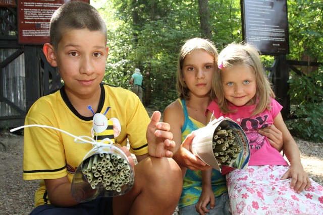 Szymon, Dorota i Małgosia Maciejewscy,goszczący w Świętej Katarzynie zrobili domki dla pszczół.