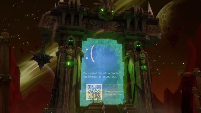 Obrazek przedstawia charakterystyczny dla systemów Microsoftu niebieski ekran błędu w jednym z portali w grze World of Warcraft