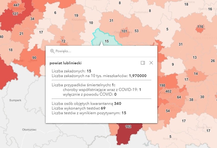 Liczba zakażeń w Polsce i w powiatach woj. śląskiego 12...