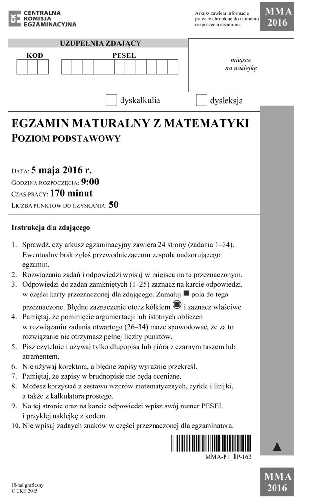 MATURA 2016: MATEMATYKA - ARKUSZ CKE, ZADANIA, ODPOWIEDZI, ROZWIĄZANIA [CKE MATURA 2016 - MATEMATYKA 5.05.2016]