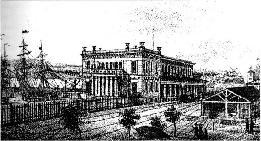 Tak wyglądał pierwszy dworzec (litografia z 1866 roku)